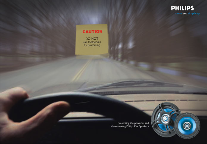 Postit: Caution - Do not use footpedals for drumming<br />Copy: Presenting the powerful and all-consuming Philips Car Speakers