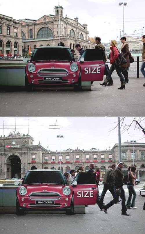 This is a creative ad by Mini Cooper placed at the Zurich, Switzerland<br />underground train station. It gives the perception that the Mini Cooper has<br />a large space.
