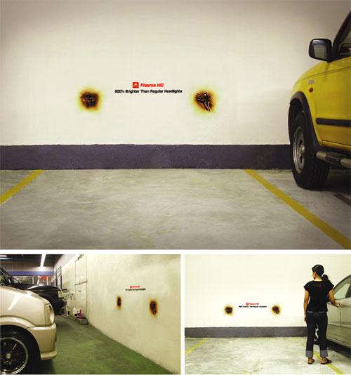 Stickers were placed in selected car park locations and car workshops where<br />the product is sold in Malaysia. It delivers the message that M-Tech Plasma<br />HID Lights are 300% brighter than regular headlights. The burn effect<br />sticker from the headlights reall